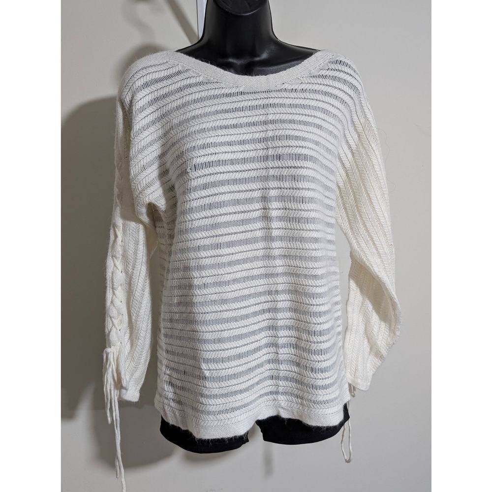 New York & Company White Open-Knit Lace-up Sleeve Sweater-Size Small